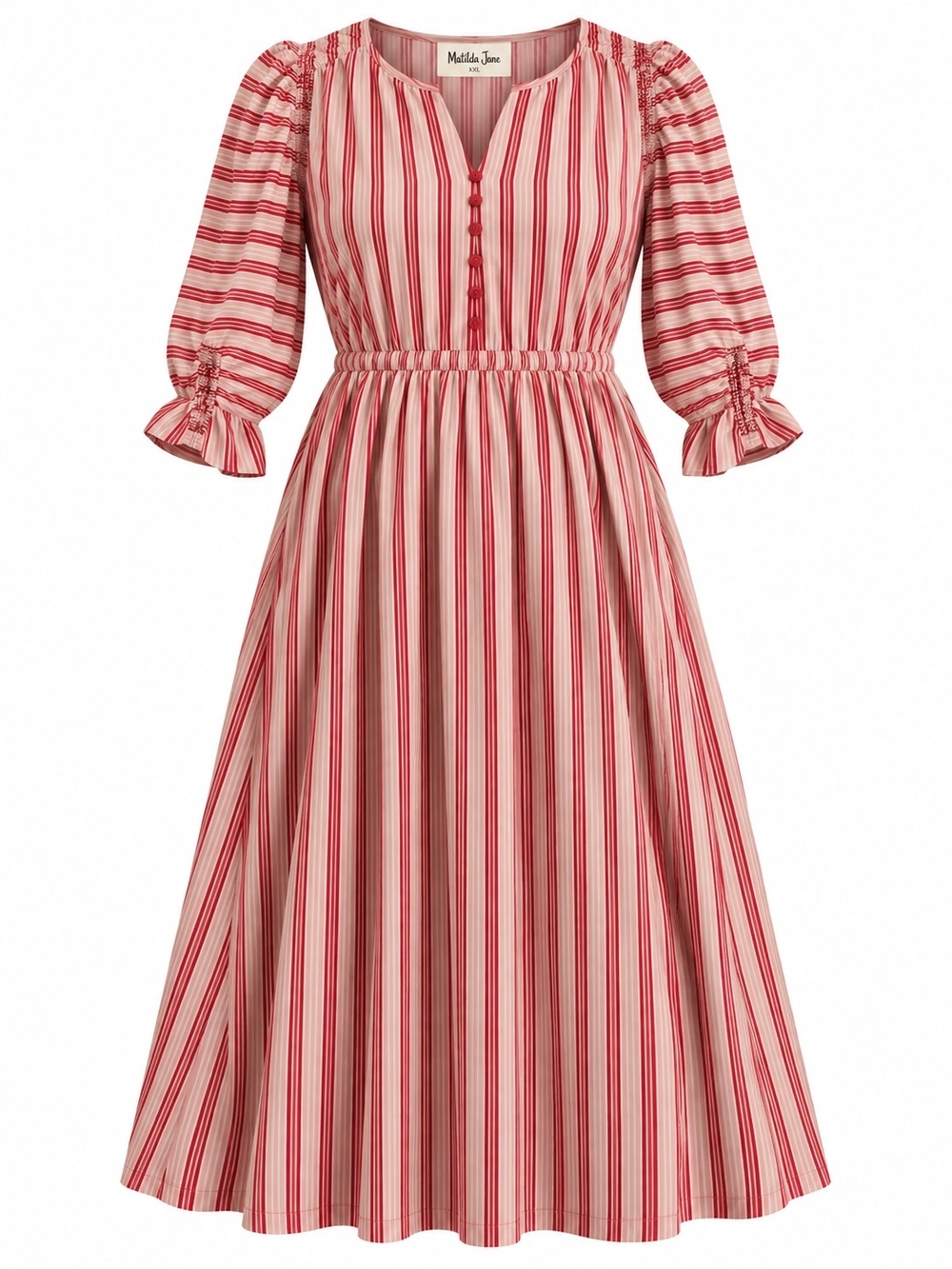 MATILDA JANE | McIntosh Red Pink Striped Ruched Sleeve Midi Dress | XXL